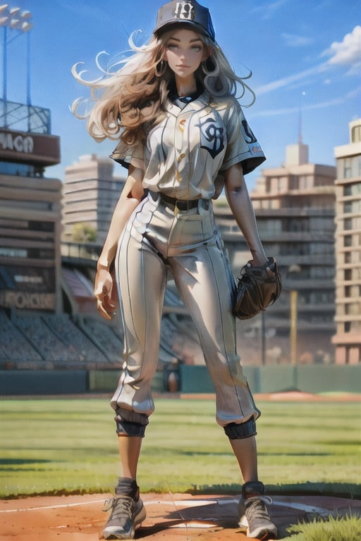  mature very tall thin Woman.
 Windy
Wide shoulders.
Black long straight hair
White uniform, action pose
Pants
hourglass body shape,baseball 