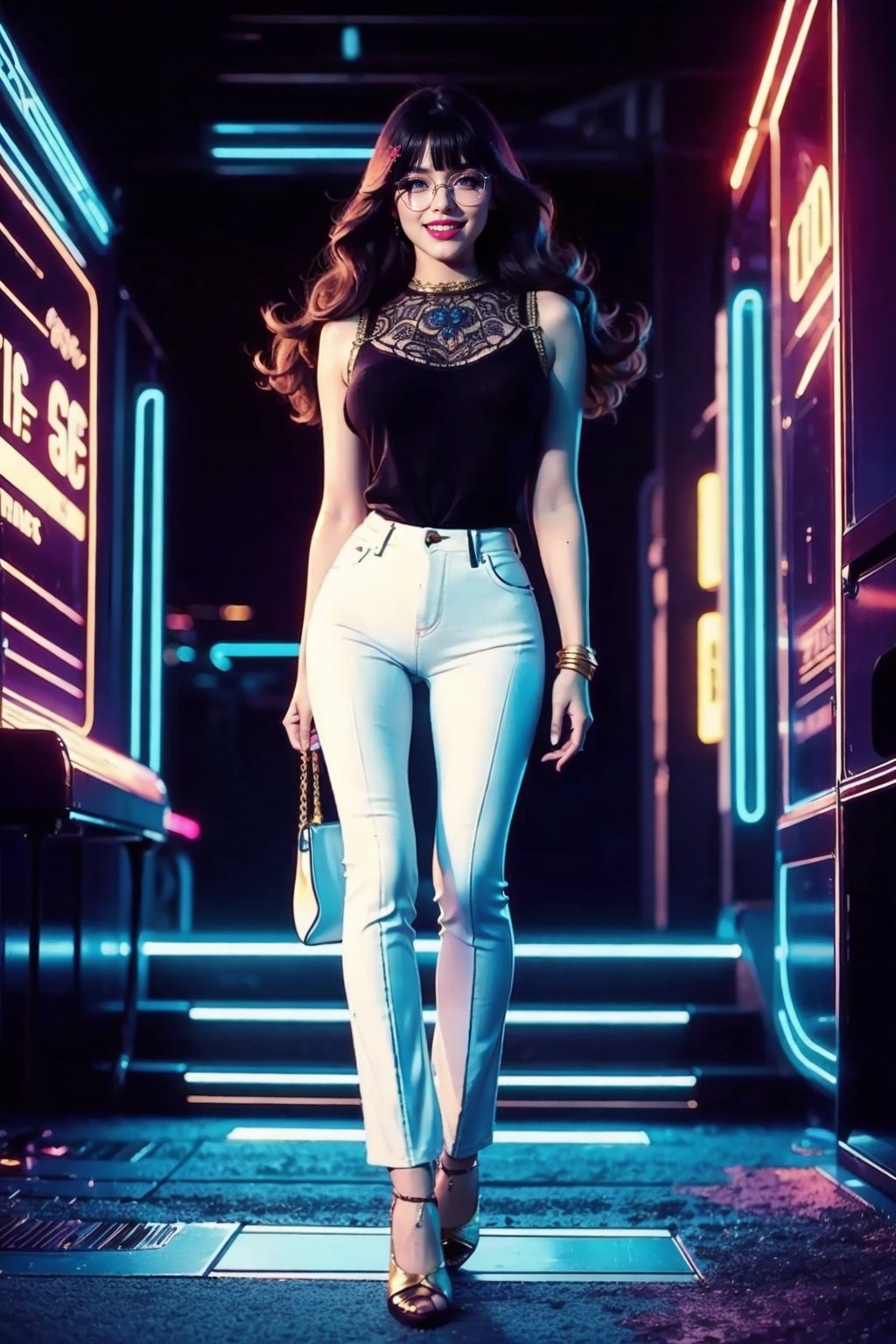 intense make-up, medium sized breasts, 
Black long hair, smile
White bouse, long blue jeans, bag, 1970s style clothes
long legs, windy
outfit with golden and neon intricate futuristic details,hourglass body shape,thin,Futuristic room,veronica