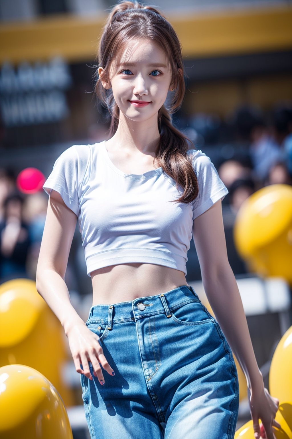 8k, filmgrain, {masterpiece}, {ultra_highres}, {ultra_detailed}, 1girl, (20 years old girl:1.3), ((sexy_crop_top:1.4)), ((white Tshirt:1.4)), K pop idol, beautifull face&eyes, dark_brown_eyes, thin_lips, lip_smile, slender_body_type, slim_waist, big_hip, front view, looking at viewer, (thigh:1.4), cute pose, yoona, High detailed, ((skinny_denim:1.4)), legs_across, ((long_ponytail:1.4))