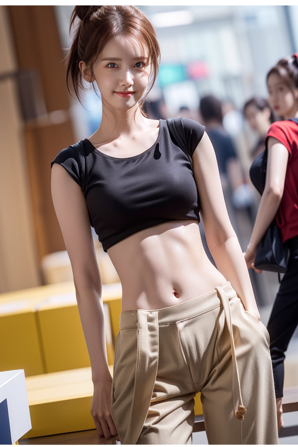 8k, filmgrain, {masterpiece}, {ultra_highres}, {ultra_detailed}, 1girl, (20 years old girl:1.3), ((sexy_crop_top:1.4)), K pop idol, beautifull face&eyes, dark_brown_eyes, thin_lips, lip_smile, slender_body_type, slim_waist, big_hip, front view, looking at viewer, (thigh:1.4), cute pose, yoona, High detailed, ((pants:1.4)), legs_across, ((long_ponytail:1.4))