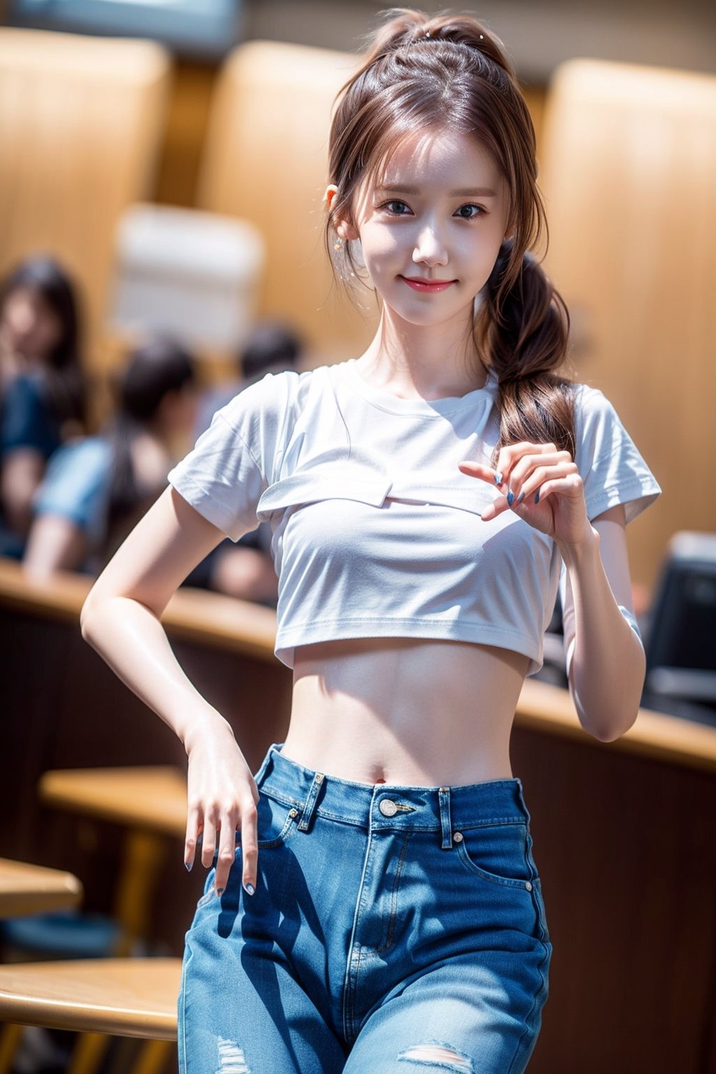 8k, filmgrain, {masterpiece}, {ultra_highres}, {ultra_detailed}, 1girl, (20 years old girl:1.3), ((sexy_crop_top:1.4)), ((white Tshirt:1.4)), K pop idol, beautifull face&eyes, dark_brown_eyes, thin_lips, lip_smile, slender_body_type, slim_waist, big_hip, front view, looking at viewer, (thigh:1.4), cute pose, yoona, High detailed, ((skinny_denim:1.4)), legs_across, ((long_ponytail:1.4)), full_body