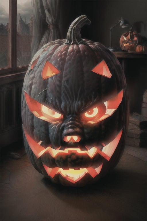 (In one corner of the room of the gloomy castle) is a glass case containing a male monster with a pumpkin head and a human body, hands and feet