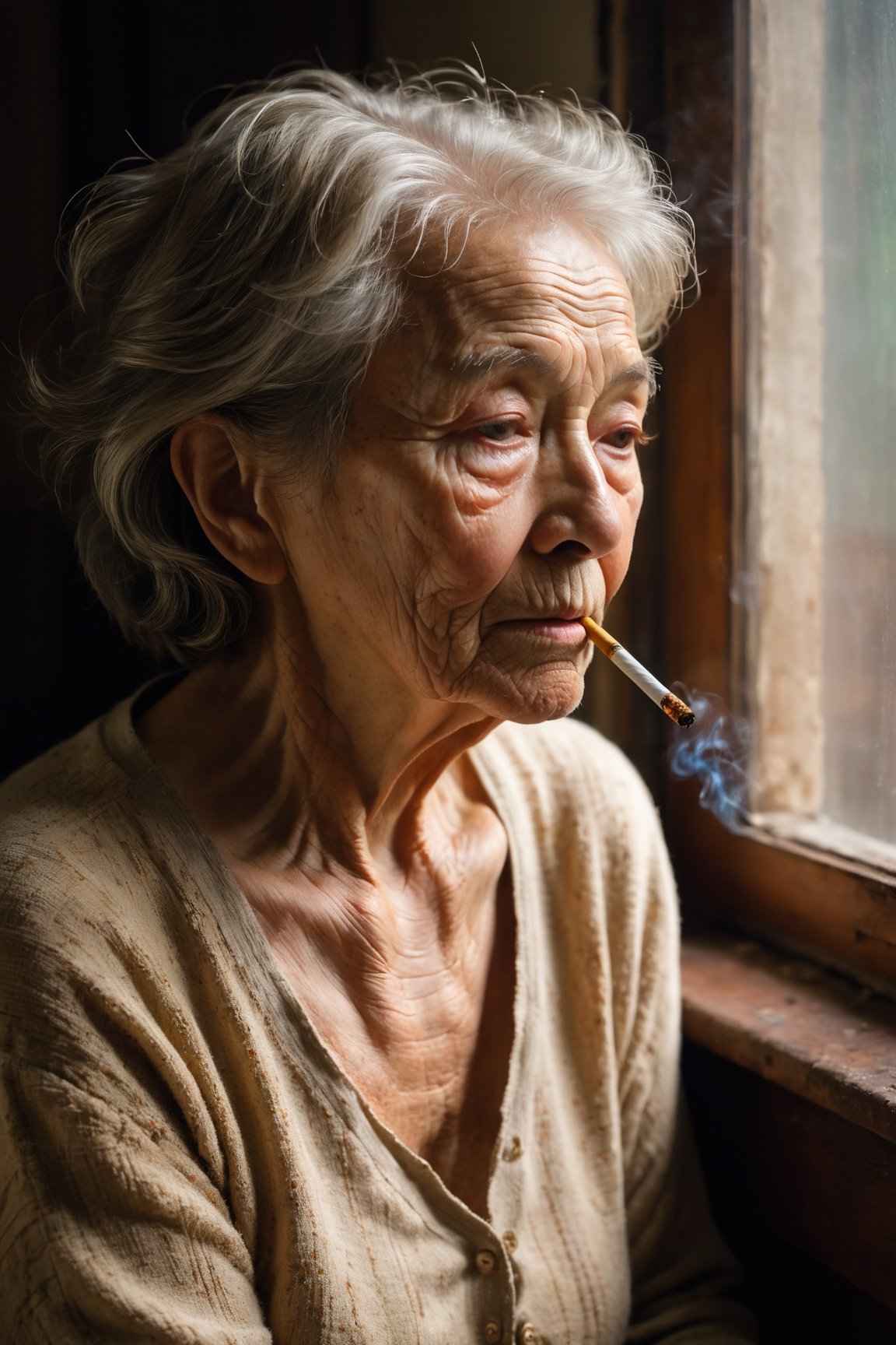 Portrait of a naked old woman smoking a cigarette in a darkened room captures a scene full of mystery and nostalgia, The gloom hovers softly over the room, barely allowing light to filter through the almost closed curtains, This creates a subdued and melancholic atmosphere, where details are difficult to distinguish at first glance, In the center of this somber atmosphere, stands an elderly man, His face shows the furrows of time, marked lines that tell stories of life and experience, The wrinkled and worn skin is a witness of the years he has lived, His eyes, although darkened by the lack of light, seem to reflect a deep wisdom and perhaps a touch of sadness, she lies in a worn armchair, with a hunched posture that suggests the weight of years on her shoulders, A soft ray of light rests on her figure, faintly illuminating her wrinkled and trembling hands, which rest on her legs, Her fingers may hold a worn photograph of times past, The room itself is a time capsule, filled with objects that tell forgotten stories, A pendulum clock on the wall marks the passage of time with a gentle tick-tock, while period furniture stands as silent witnesses to better days, Overall, It is an image that makes us contemplate the passage of time and the depth of the human experience as we age.,aesthetic portrait,lun4,n3n3k,Miss Grand International,AI_Misaki,NYFlowerGirl,detailmaster2