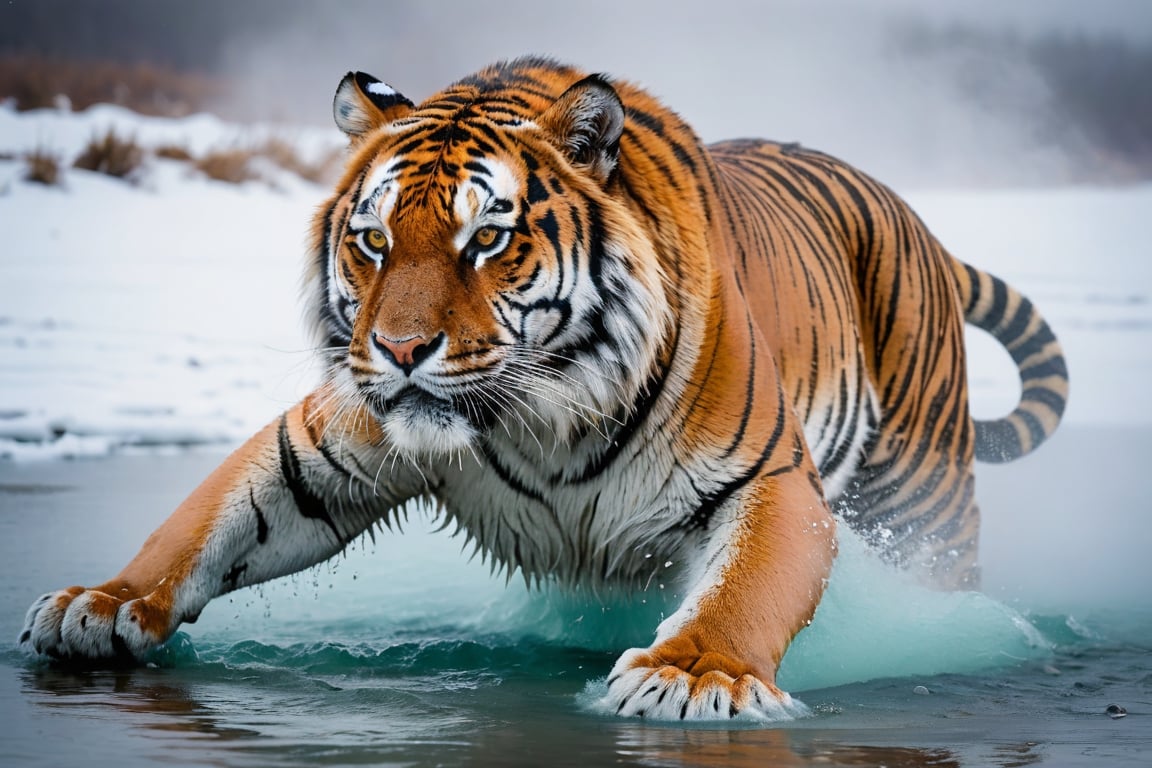 A surreal photo of a very realistic tiger. A tiger is rolling around in the warm water of a very steamy hot spring in the snowy tundra. A thick fog rises so thick that you can't see what's ahead.

Beautiful scenes, surreal, colorful, very fast-paced, sense of urgency, horror,
Ultra-clear, Ultra-detailed, ultra-realistic, Distant view. full body shot