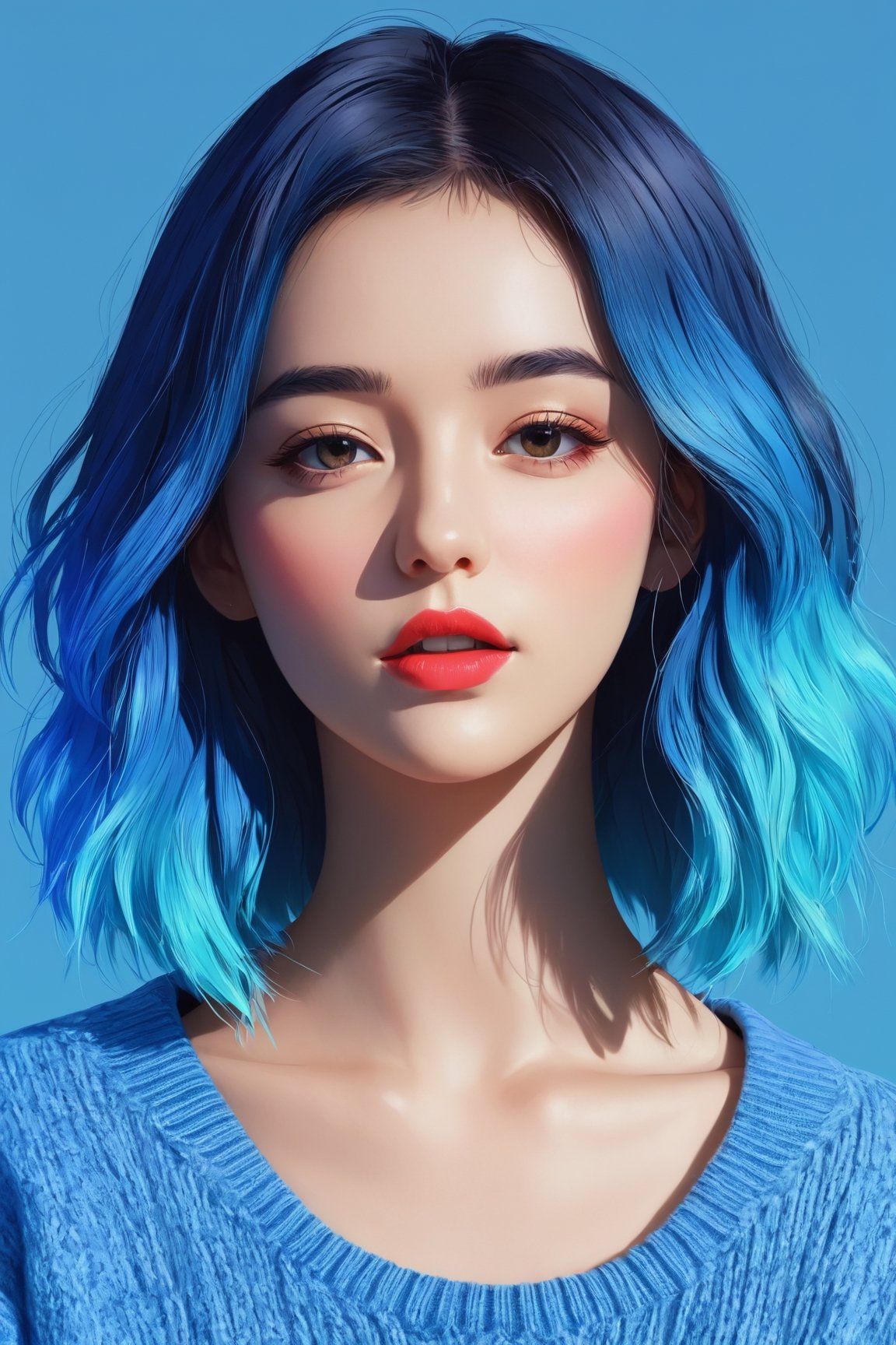 shadow flat vector art, illustrator, anime , realistic ,sketch , 1girl, ,lip, Sweater,order, Blue gradient background, Neon hair,Textured crop,xxmix_girl