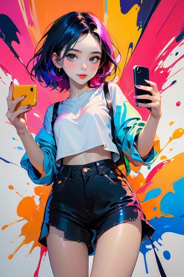 young girl, adolescent, energetic, joyous, selfie, taking selfie, phone camera app, outline, angle downwards, v shape hand pose, cute, adorable, sexy, suggestive outfit, paint splash background, vibrant paint, high contrast, abstract, volumetric light, high quality, detailed, masterpiece,girl,xxmix_girl