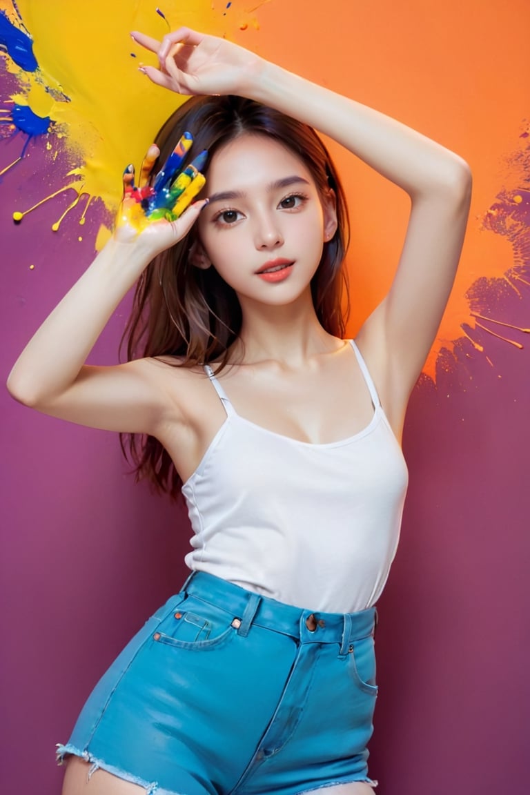 young girl, adolescent, energetic, joyous, selfie, taking selfie, phone camera app, outline, angle downwards, v shape hand pose, cute, adorable, sexy, suggestive outfit, paint splash background, vibrant paint, high contrast, abstract, volumetric light, high quality, detailed, masterpiece,xxmix_girl