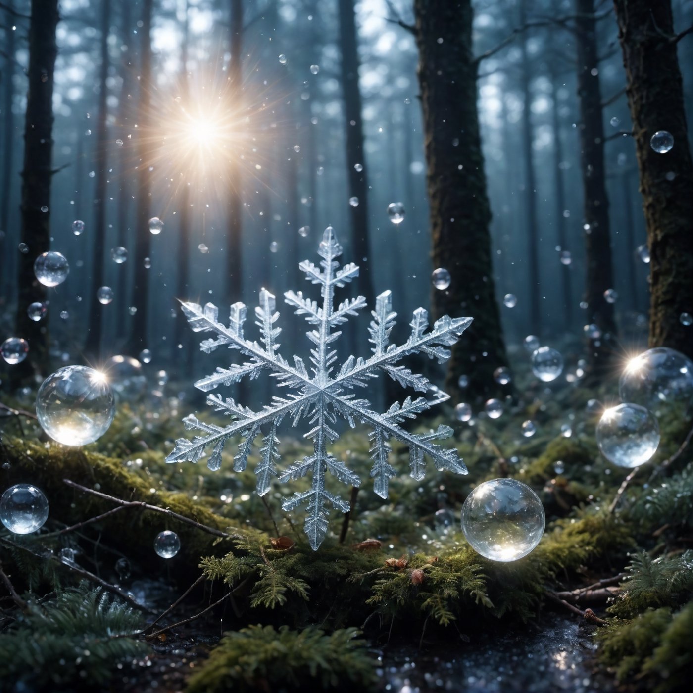 ((Extremely Realistic)) Raw shiny crystal snowflake bubbles in magical forest in night, photo, moviemaker style,cinematic  moviemaker style,FilmGirl