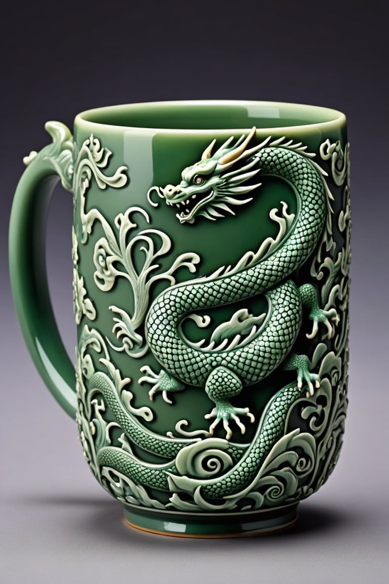 The struggling image of an oriental dragon engraved on the outside of a mug made with celadon inlay technique looks real. The oriental dragon shrouded in clouds is elaborately carved in relief, giving it a realistic feel as if it will jump out at any moment, and the mystical jade color shines brightly, as if it were the color of the heavenly world. The handle of the cup is made of the wriggling body of a dragon, with no carvings other than the sides of the cup.

The long, thin body of the dragon, along with the cloud pattern 
Shows the overall appearance of pottery,

close-up photography, Ultra-detailed, ultra-realistic, full body shot, Distant view