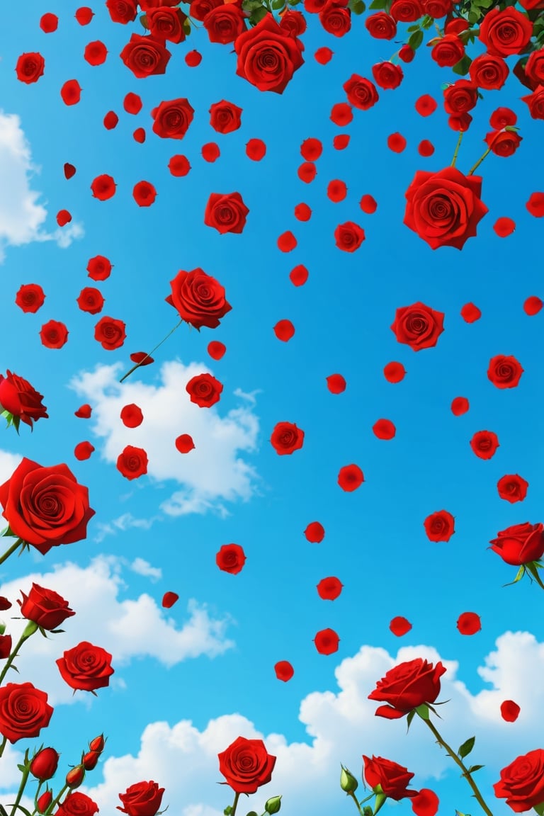 A bottom view of red roses falling from the sky,

Ultra-clear, Ultra-detailed, ultra-realistic, Distant view. full body shot