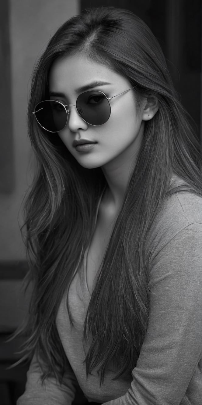 photorealistic), masterpiece:1.5, best quality, realistic, real image, intricate details, perfect focus, perfect face, extremely beauyiful girl, Photograph, masterwork, meticulous nuances, supreme resolution, 32K, ultra-defined, Intricate Detail, Masculine,  black and white photo.long hair,green sunglasses glasses,
Imagina 1 korean woman, 20 yo, create a hyper realistic image of ssitting in the dark room, pessimistic view, depressed mood, lost in tough, black and white photo, high detailed, sharp focus, Extremely Realistic,FilmGirl,bright clothes,Real,Black&White,SDXL,Realistic