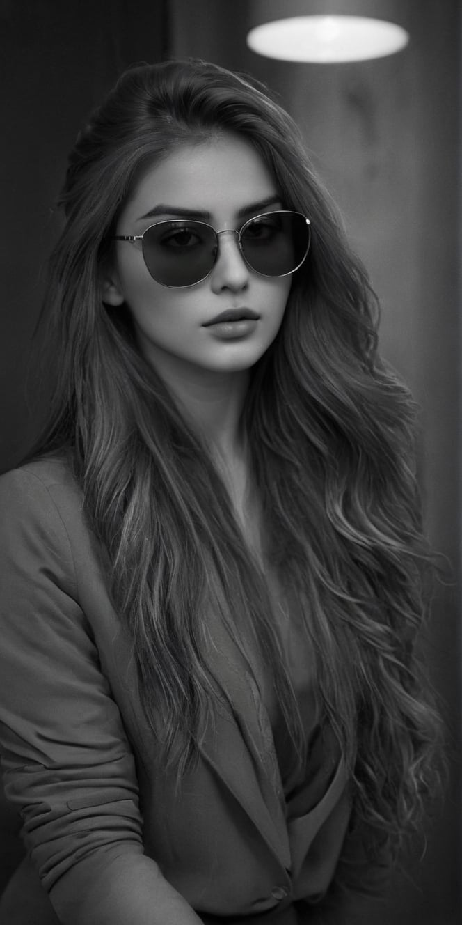 photorealistic), masterpiece:1.5, best quality, realistic, real image, intricate details, perfect focus, perfect face, extremely beauyiful girl, Photograph, masterwork, meticulous nuances, supreme resolution, 32K, ultra-defined, Intricate Detail, Masculine,  black and white photo.long hair,green sunglasses glasses, green sunglasses,
Imagina 1 beautiful woman, 20 yo, create a hyper realistic image of sitting in the dark room, pessimistic view, depressed mood, lost in tough, black and white photo, high detailed, sharp focus, Extremely Realistic,FilmGirl,bright clothes,Real,Black&White,SDXL,Realistic