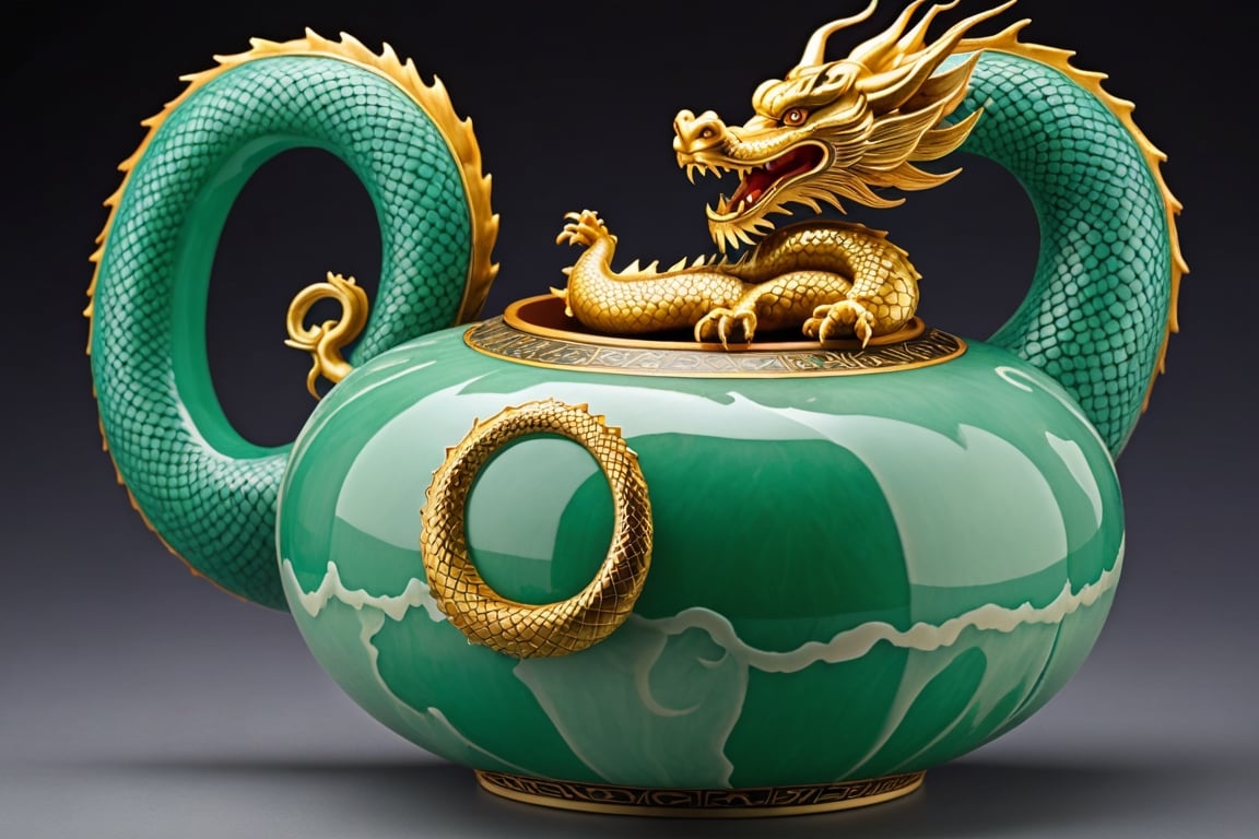 The image of an oriental dragon struggling appears engraved on the outside of a gourd made with celadon inlay technique. The oriental dragon wrapped in clouds is carved with elaborate inlay techniques, giving it a realistic feel as if it will jump out at any moment, and the mystical jade color shines brightly as if it were the color of the heavenly world.

The celadon inlaid cloud-dragon gourd is engraved with clouds and an oriental dragon, has no carvings on the top of the spout, and the edges are finished in gold.
It shows the overall appearance of the pottery.



close-up photography, Ultra-detailed, ultra-realistic, full body shot, Distant view