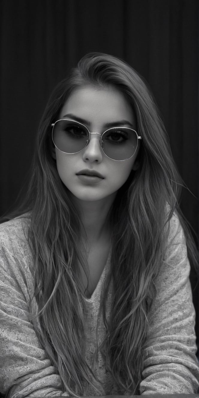 photorealistic), masterpiece:1.5, best quality, realistic, real image, intricate details, perfect focus, perfect face, extremely beauyiful girl, Photograph, masterwork, meticulous nuances, supreme resolution, 32K, ultra-defined, Intricate Detail, Masculine,  black and white photo.long hair,silver sunglasses glasses,silver sunglasses,
Imagina 1 beautiful woman, 20 yo, create a hyper realistic image of sitting in the dark room, pessimistic view, depressed mood, lost in tough, black and white photo, high detailed, sharp focus, Extremely Realistic,FilmGirl,bright clothes,Real,Black&White,SDXL,Realistic