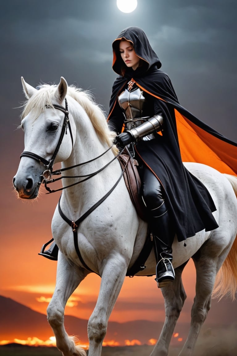 1 beautiful woman,  faded elegance, mournful atmosphere,  beauty, melancholy aura, hauntingly captivating, stark contrast, delicate decay, line art, backlighting, wind, backlighting, Stardust,(Wind:1.2) , black cloak, sword knight riding a white horse, Orange Blood
,Contained Color,anica_teddy,photo r3al