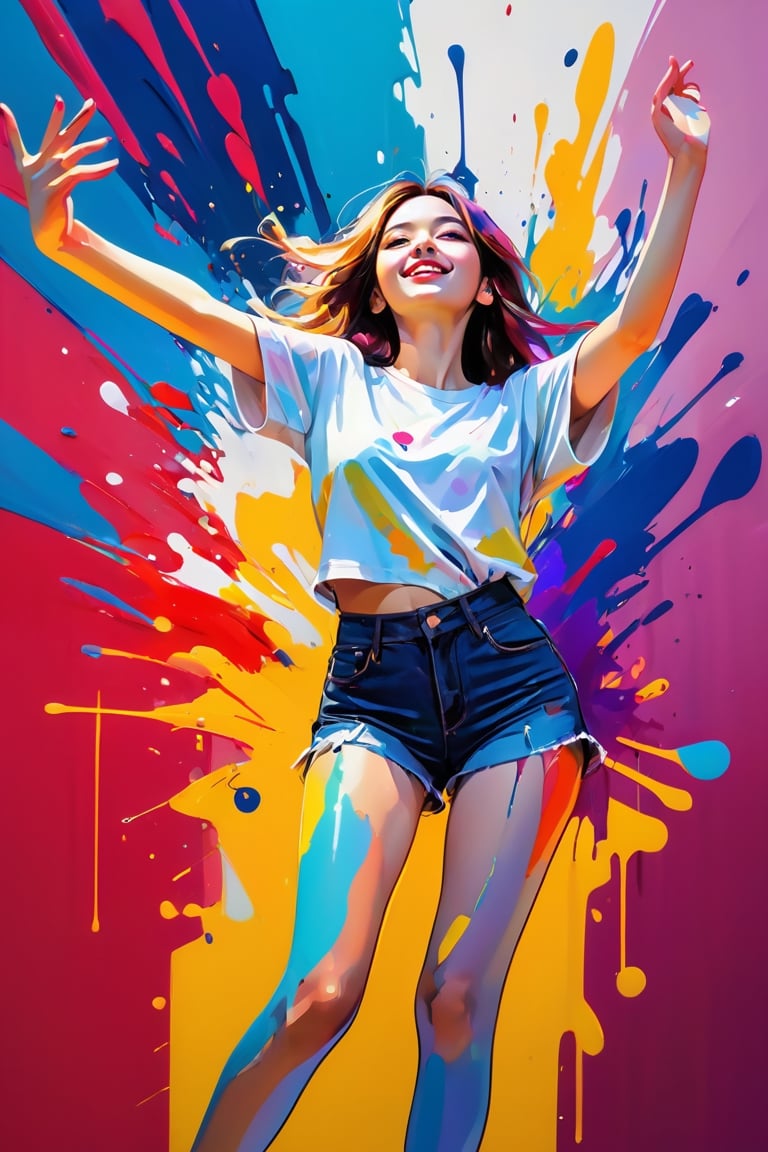 young girl, adolescent, energetic, joyous, selfie, outline, angle downwards, v shape hand pose, cute, adorable, sexy, dance, suggestive outfit, paint splash background, vibrant paint, high contrast, abstract, volumetric light, high quality, detailed, masterpiece,girl,xxmix_girl