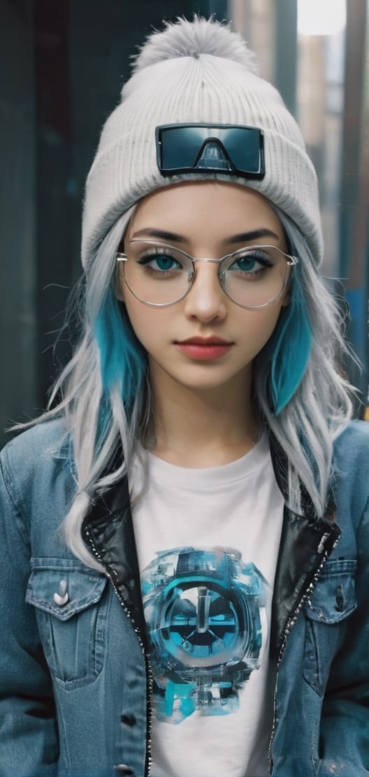 Cute female  cyberpunk hacker with blue colored glasses, in a jacket with a Beanie long grey hair half teeshirt ripped jeanscyberpunk 2077 poster art