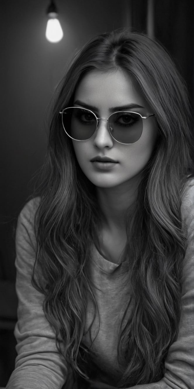 photorealistic), masterpiece:1.5, best quality, realistic, real image, intricate details, perfect focus, perfect face, extremely beauyiful girl, Photograph, masterwork, meticulous nuances, supreme resolution, 32K, ultra-defined, Intricate Detail, Masculine,  black and white photo.long hair,yellow sunglasses glasses, yellow sunglasses,
Imagina 1 beautiful woman, 20 yo, create a hyper realistic image of sitting in the dark room, pessimistic view, depressed mood, lost in tough, black and white photo, high detailed, sharp focus, Extremely Realistic,FilmGirl,bright clothes,Real,Black&White,SDXL,Realistic