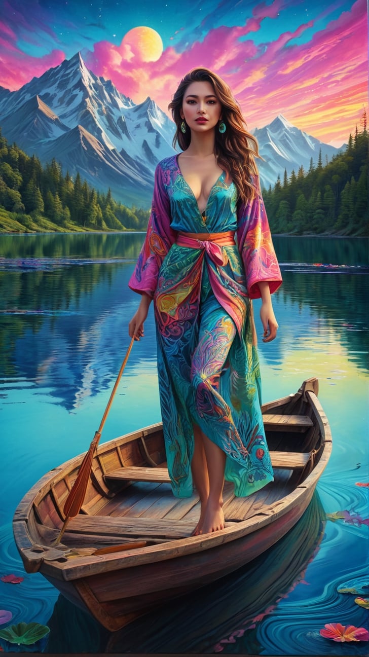 vibrant neo-traditional, a painting of a woman standing in a boat on a lake, (psychedelic art), highly detailed 4k painting, campy and colorful, fisherman, under a technicolor sky,xxmix_girl,kimtaeri-xl,FilmGirl,LinkGirl,aw0k euphoric style