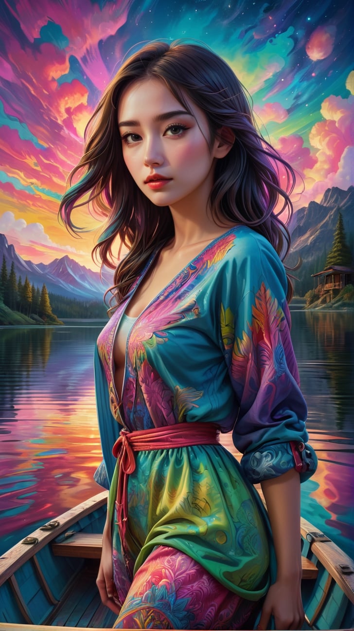 vibrant neo-traditional, a painting of a woman standing in a boat on a lake, (psychedelic art), highly detailed 4k painting, campy and colorful, fisherman, under a technicolor sky,xxmix_girl,kimtaeri-xl,FilmGirl,LinkGirl