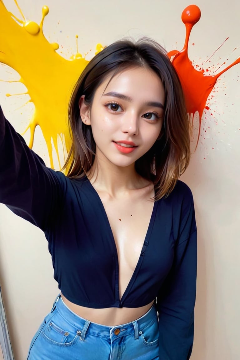 young girl, adolescent, energetic, joyous, selfie, taking selfie, phone camera app, outline, angle downwards, v shape hand pose, cute, adorable, sexy, suggestive outfit, paint splash background, vibrant paint, high contrast, abstract, volumetric light, high quality, detailed, masterpiece,xxmix_girl