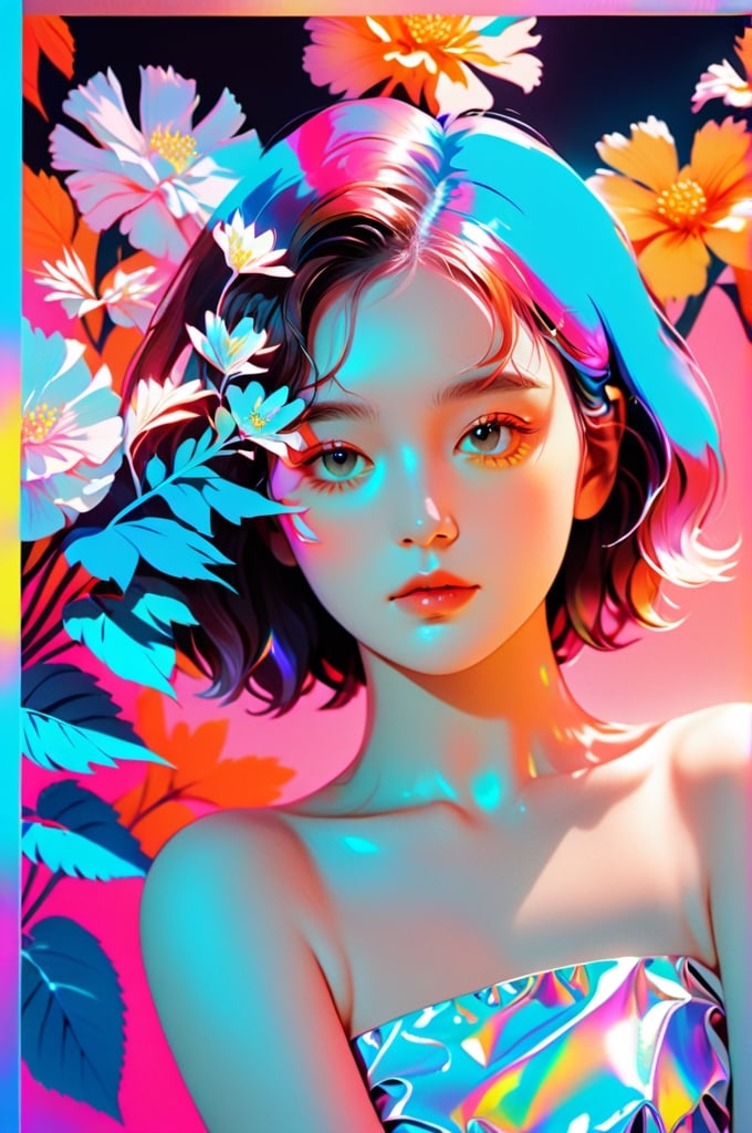 portrait, 1 girl, solo, short wavy hair, flowing neon, colored holographic floral background, holographic, iridescent, vaporwave, fluid, flowers, lying from the front point pose, high fashion, realistic,Flat vector art,xxmix_girl