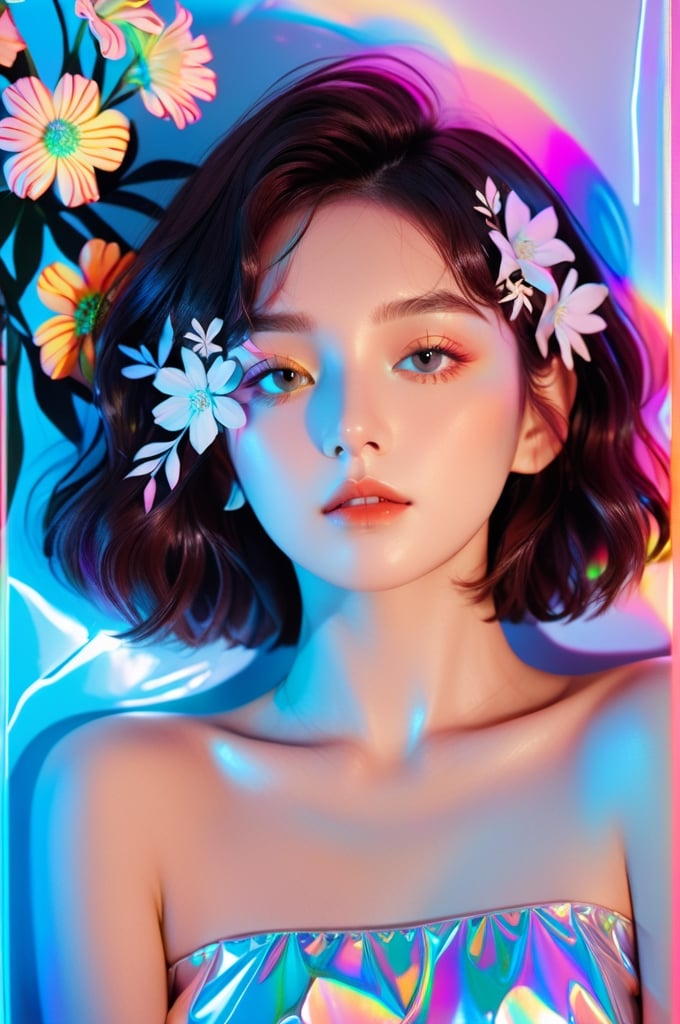 portrait, 1 girl, solo, short wavy hair, flowing neon, colored holographic floral background, holographic, iridescent, vaporwave, fluid, flowers, lying from the front point pose, high fashion, realistic,Flat vector art,xxmix_girl