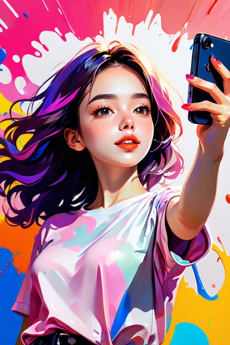 young girl, adolescent, energetic, joyous, selfie, taking selfie, phone camera app, outline, angle downwards, v shape hand pose, cute, adorable, sexy, suggestive outfit, paint splash background, vibrant paint, high contrast, abstract, volumetric light, high quality, detailed, masterpiece,girl,xxmix_girl