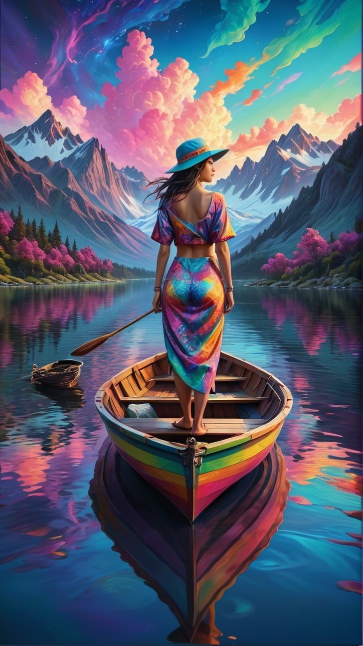 vibrant neo-traditional, a painting of a woman standing in a boat on a lake, (psychedelic art), highly detailed 4k painting, campy and colorful, fisherman, under a technicolor sky,xxmix_girl,kimtaeri-xl,FilmGirl