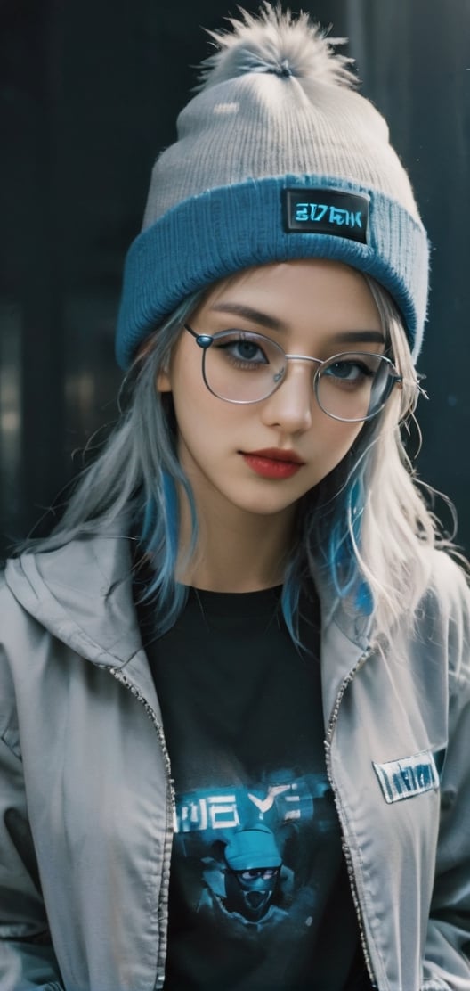 Cute female  cyberpunk hacker with blue colored glasses, in a jacket with a Beanie long grey hair half teeshirt ripped jeanscyberpunk 2077 poster art