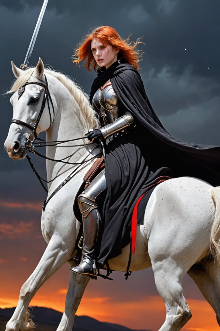 1 beautiful woman,  faded elegance, mournful atmosphere,  beauty, melancholy aura, hauntingly captivating, stark contrast, delicate decay, line art, backlighting, wind, backlighting, Stardust,(Wind:1.2) , black cloak, sword knight riding a white horse, Orange Blood
,Contained Color,anica_teddy