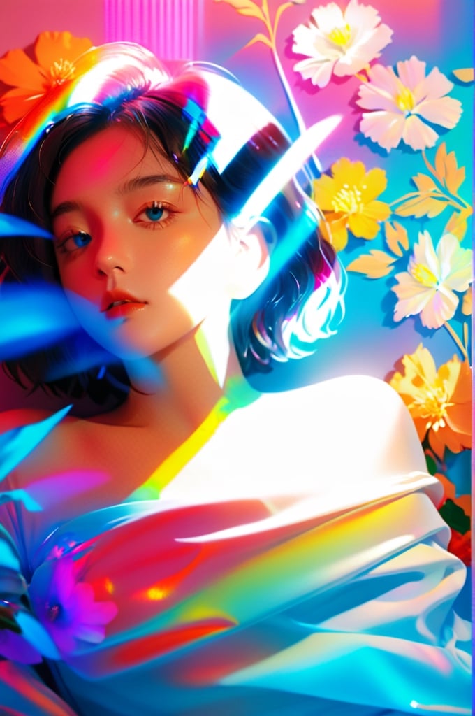 portrait, 1 girl, solo, short wavy hair, flowing neon, colored holographic floral background, holographic, iridescent, vaporwave, fluid, flowers, lying from the front point pose, high fashion, realistic,Flat vector art,xxmix_girl