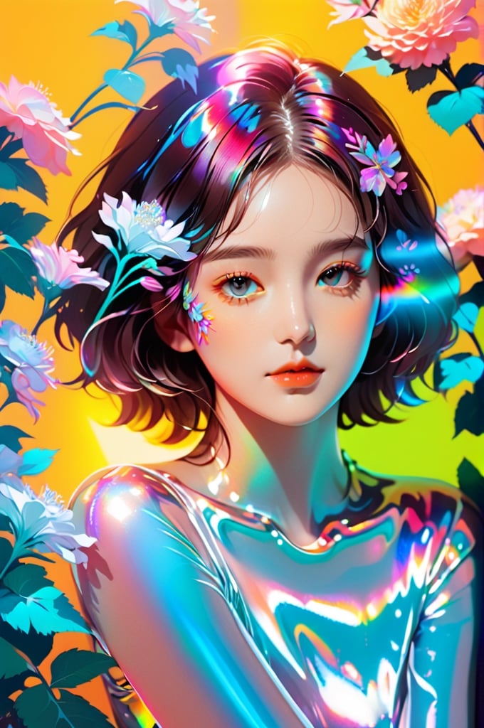 portrait, 1 girl, solo, short wavy hair, flowing neon, colored holographic floral background, holographic, iridescent, vaporwave, fluid, flowers, lying from the front point pose, high fashion, realistic,Flat vector art,xxmix_girl