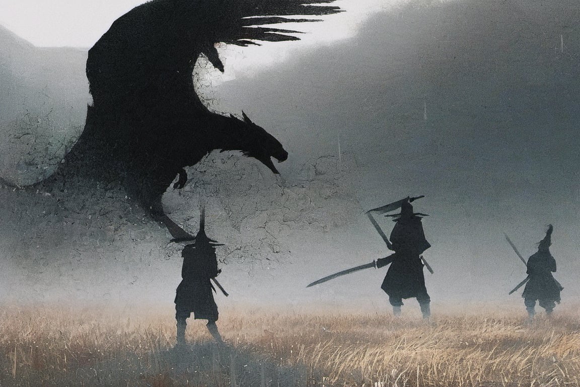 ((Silhouette:1.9)). it's too dark, little light. ((About 10 Assassins1.8)),((A swordsman wearing a wide-brimmed hat and masked About 10 assassins:1.8, crescent moon, grass. Two swordsmen are fighting among the long grass in a meadow with a crescent moon as thin as an eyebrow on a very pitch-black night in all directions1.8)). ((A swordsman flies into the air, wraps his hands around the handle of his sword, and makes a 45-degree downward slash motion. Another swordsman is making an urgent move to block the sword of another swordsman coming down1.5)). jump up and slash the sword. About 10 Assassins surround them.
There is a bit of fog around, reflecting the blue light of the black crescent moon of the swordsman striking, showing even more urgency.
((Silhouette:1.9)), distant view, 8K, gloomy, solemn, urgent, scary, speed, birds flying away in surprise,Sketch,Storyboard