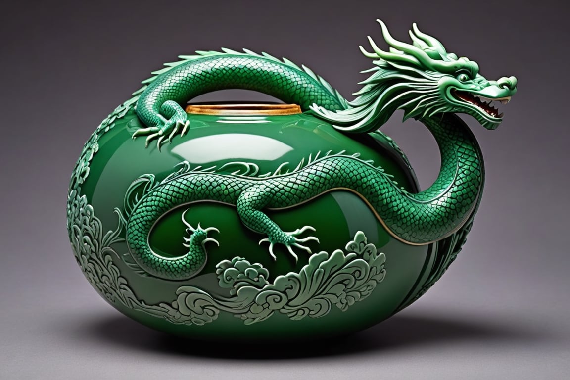 The image of an oriental dragon struggling appears engraved on the outside of a gourd made with celadon inlay technique. The oriental dragon wrapped in clouds is carved with elaborate inlay techniques, giving it a realistic feel as if it will jump out at any moment, and the mystical jade color shines brightly as if it were the color of the heavenly world.
It shows the overall appearance of the pottery.



close-up photography, Ultra-detailed, ultra-realistic, full body shot, Distant view