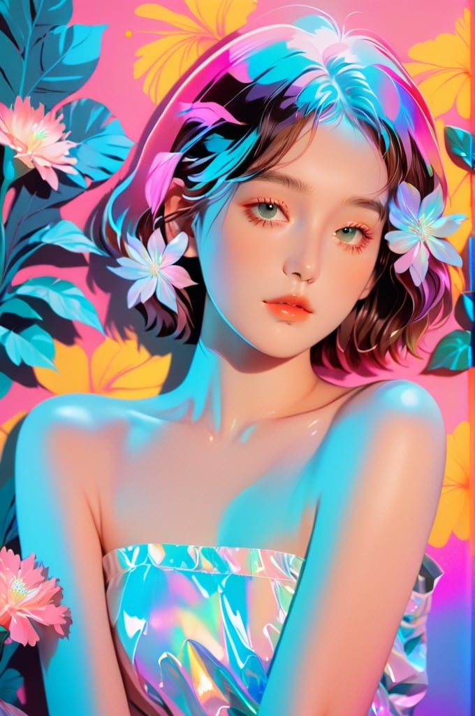 portrait, 1 girl, solo, short wavy hair, flowing neon, colored holographic floral background, holographic, iridescent, vaporwave, fluid, flowers, lying from the front point pose, high fashion, realistic,Flat vector art,xxmix_girl