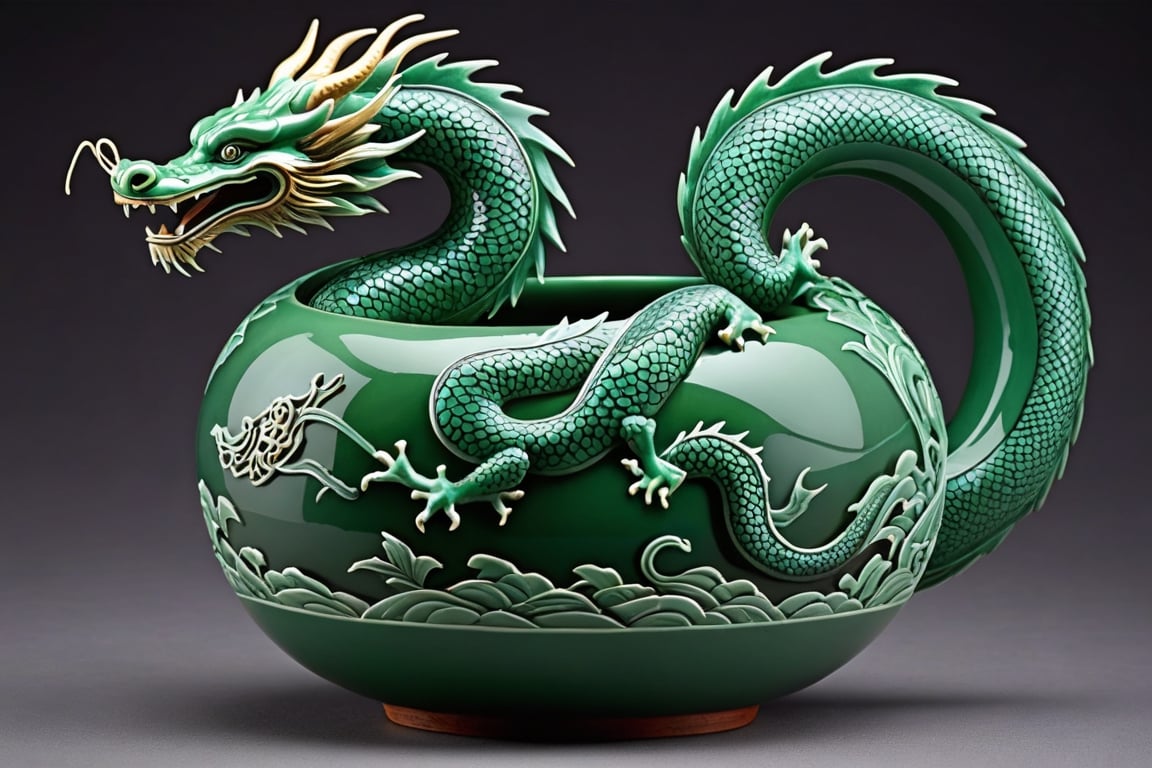 The image of an oriental dragon struggling appears engraved on the outside of a gourd made with celadon inlay technique. The oriental dragon wrapped in clouds is carved with elaborate inlay techniques, giving it a realistic feel as if it will jump out at any moment, and the mystical jade color shines brightly as if it were the color of the heavenly world.
It shows the overall appearance of the pottery.



close-up photography, Ultra-detailed, ultra-realistic, full body shot, Distant view