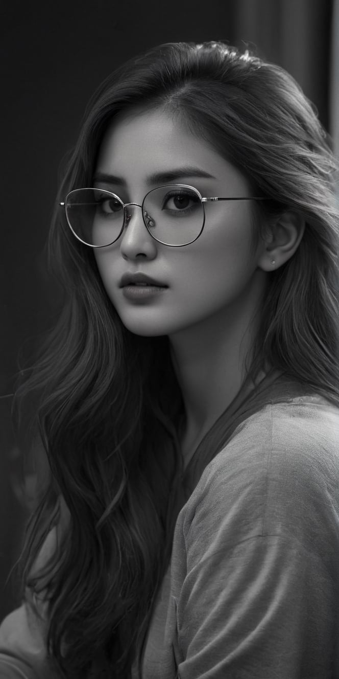 photorealistic), masterpiece:1.5, best quality, realistic, real image, intricate details, perfect focus, perfect face, extremely beauyiful girl, Photograph, masterwork, meticulous nuances, supreme resolution, 32K, ultra-defined, Intricate Detail, Masculine,  black and white photo.long hair,green sunglasses glasses,
Imagina 1 korean woman, 20 yo, create a hyper realistic image of ssitting in the dark room, pessimistic view, depressed mood, lost in tough, black and white photo, high detailed, sharp focus, Extremely Realistic,FilmGirl,bright clothes,Real,Black&White,SDXL,Realistic