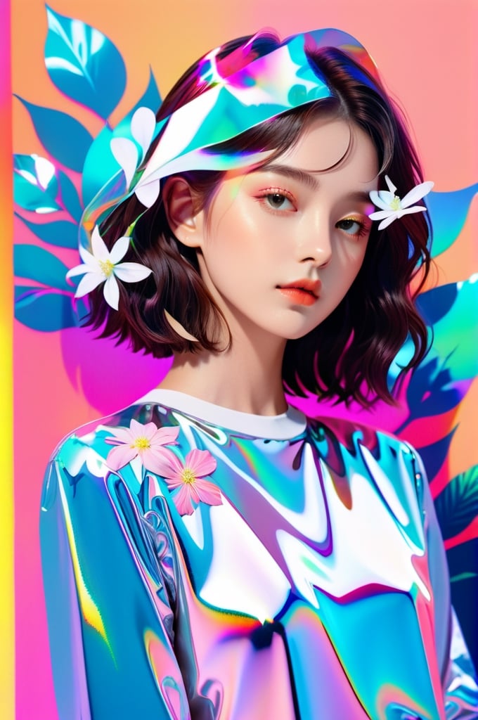 portrait, 1 girl, solo, short wavy hair, flowing neon, colored holographic floral background, holographic, iridescent, vaporwave, fluid, flowers, lying from the front point pose, high fashion, realistic,Flat vector art,xxmix_girl