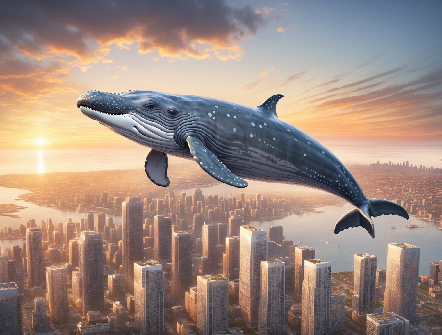 gray whale flying in the sky flying in the sky, gray whale flying in the sky flying over a city skyline full of buildings, epic Sunrise, solo, dynamic angle,