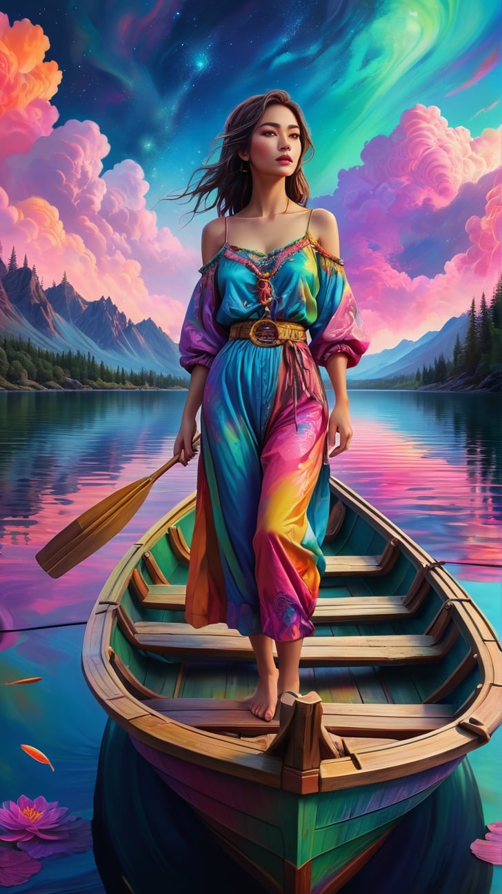 vibrant neo-traditional, a painting of a woman standing in a boat on a lake, (psychedelic art), highly detailed 4k painting, campy and colorful, fisherman, under a technicolor sky,xxmix_girl,kimtaeri-xl,FilmGirl,LinkGirl,aw0k euphoric style