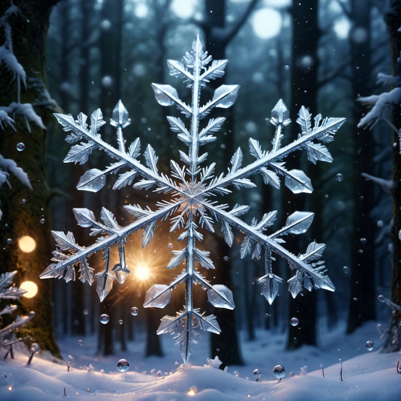 ((Extremely Realistic)) Raw shiny crystal snowflake bubbles in magical forest in night, photo, moviemaker style,cinematic moviemaker style,FilmGirl,more detail XL,very heavy snow