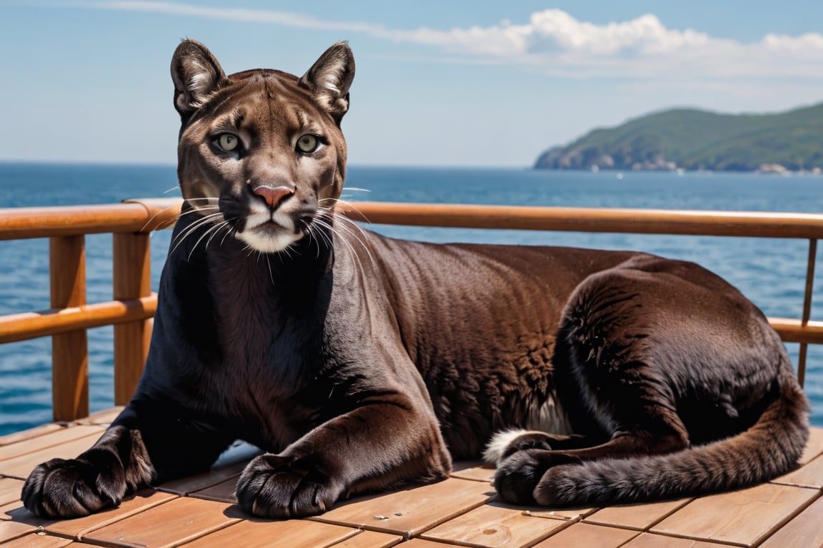 A black cougar wearing a harness is relaxing on the deck of a large power yacht with her front paws resting on her chin.
(((Perfectly black puma: 2.0))), 


best quality, masterpiece, photorealistic,  highres, Ultra-detailed, ultra-realistic, ultra-clear, very Distant view.,Ivi