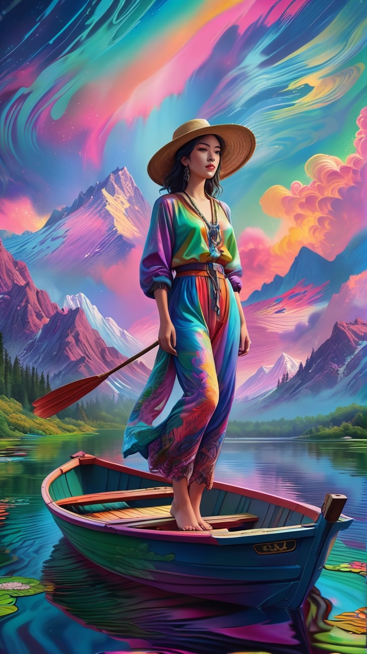 vibrant neo-traditional, a painting of a woman standing in a boat on a lake, (psychedelic art), highly detailed 4k painting, campy and colorful, fisherman, under a technicolor sky,xxmix_girl,kimtaeri-xl,FilmGirl,LinkGirl,aw0k euphoric style