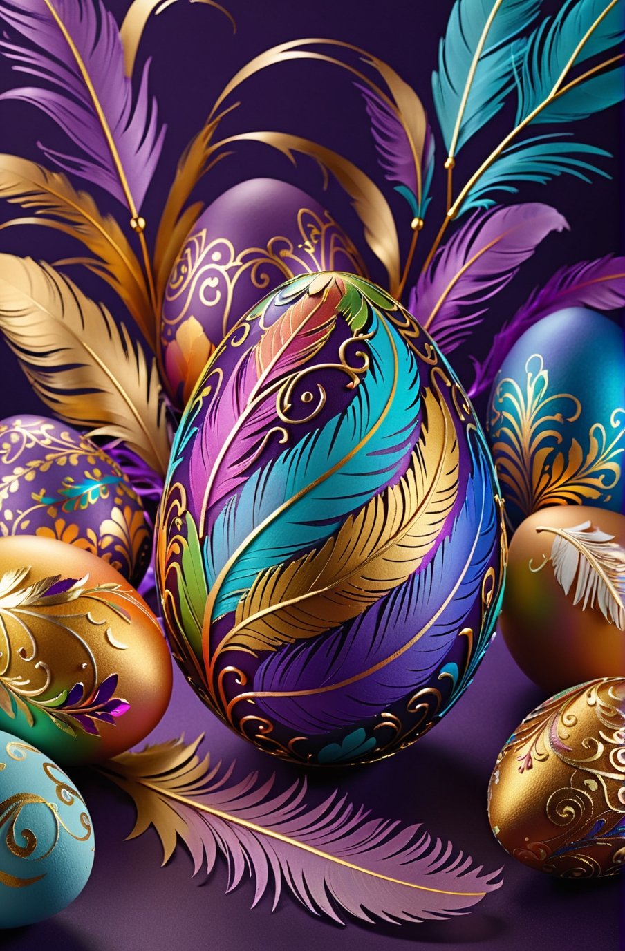 Easter eggs designed with arabesques and swirls using a harmonious mix of rainbow colors.
Golden branches and feathers cover the egg from the bottom as if to protect it.
The egg shines even brighter due to the intense lighting that illuminates the egg on a dark purple background.

Ultra-clear, Ultra-detailed, ultra-realistic, ultra-close up