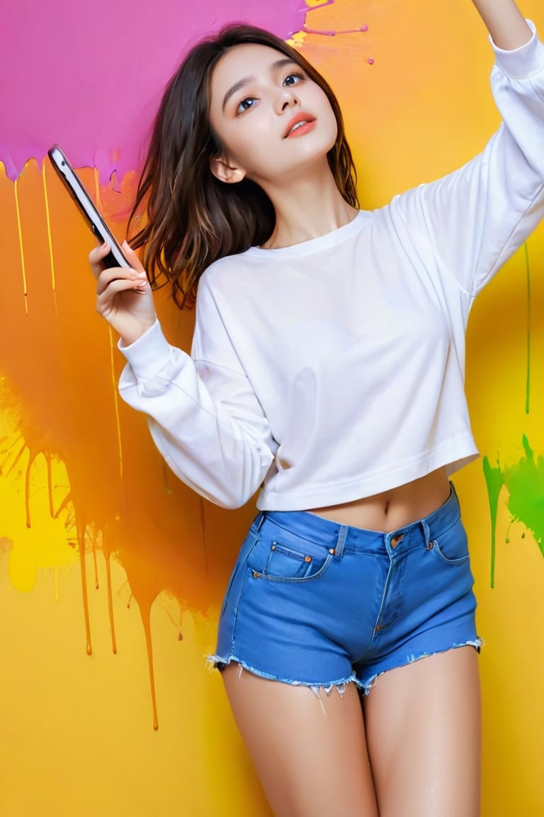 young girl, adolescent, energetic, joyous, selfie, taking selfie, phone camera app, outline, angle downwards, v shape hand pose, cute, adorable, sexy, suggestive outfit, paint splash background, vibrant paint, high contrast, abstract, volumetric light, high quality, detailed, masterpiece,xxmix_girl