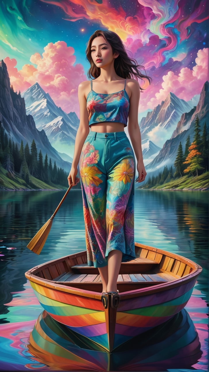 vibrant neo-traditional, a painting of a woman standing in a boat on a lake, (psychedelic art), highly detailed 4k painting, campy and colorful, fisherman, under a technicolor sky,xxmix_girl,kimtaeri-xl,FilmGirl,LinkGirl