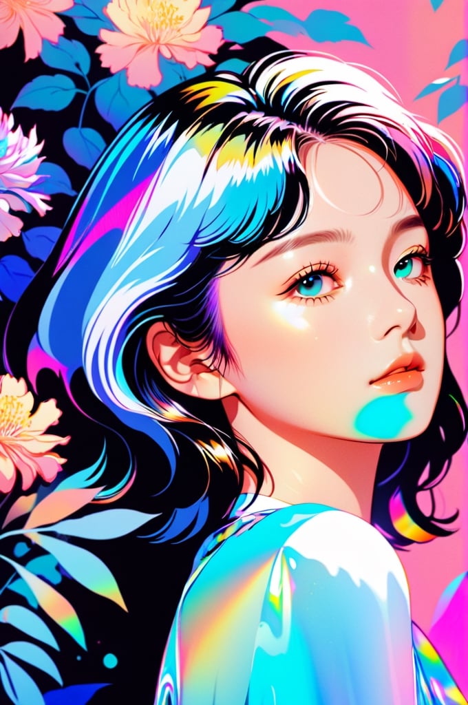 portrait, 1 girl, solo, short wavy hair, flowing neon, colored holographic floral background, holographic, iridescent, vaporwave, fluid, flowers, lying from the front point pose, high fashion, realistic,Flat vector art,xxmix_girl,kwon-nara-xl