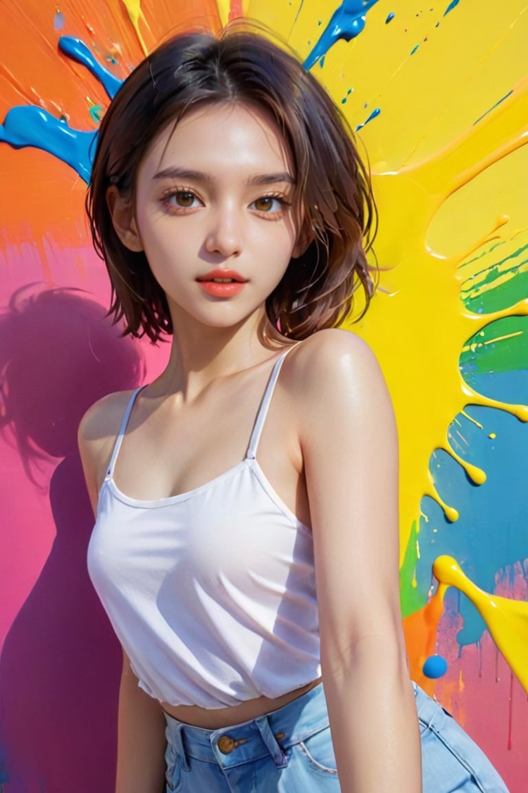 young girl, adolescent, energetic, joyous, selfie, taking selfie, phone camera app, outline, angle downwards, v shape hand pose, cute, adorable, sexy, suggestive outfit, paint splash background, vibrant paint, high contrast, abstract, volumetric light, high quality, detailed, masterpiece,xxmix_girl