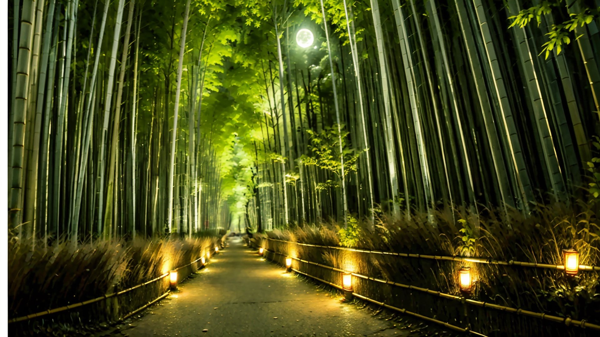 (best quality,masterpiece:1.2),ultra detailed,(photo realistic:1.4),(at night:1.1),bamboo_grove_background,EpicArt,Nice legs and hot body,moon light